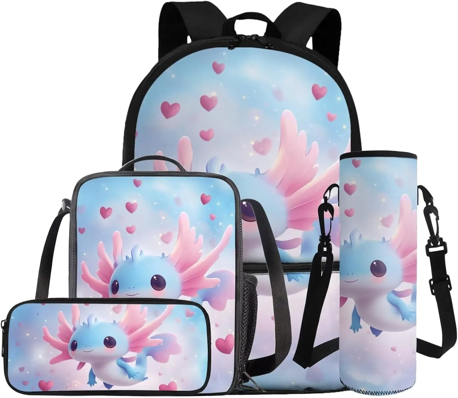 Gomyblomy Blue Pink Axolotl Backpack for Girls 6-8 8-10 Kawaii Girls Bookbag with Lunch Box Pencil Case Water Bottle Holder Large Capacity Kids School Bag Set of 4 Pcs Back to School Supplies