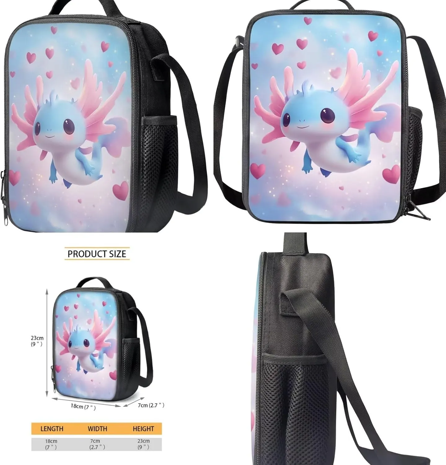 Gomyblomy Blue Pink Axolotl Backpack for Girls 6-8 8-10 Kawaii Girls Bookbag with Lunch Box Pencil Case Water Bottle Holder Large Capacity Kids School Bag Set of 4 Pcs Back to School Supplies