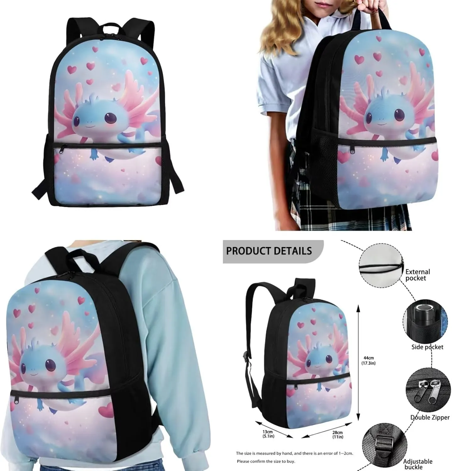 Gomyblomy Blue Pink Axolotl Backpack for Girls 6-8 8-10 Kawaii Girls Bookbag with Lunch Box Pencil Case Water Bottle Holder Large Capacity Kids School Bag Set of 4 Pcs Back to School Supplies