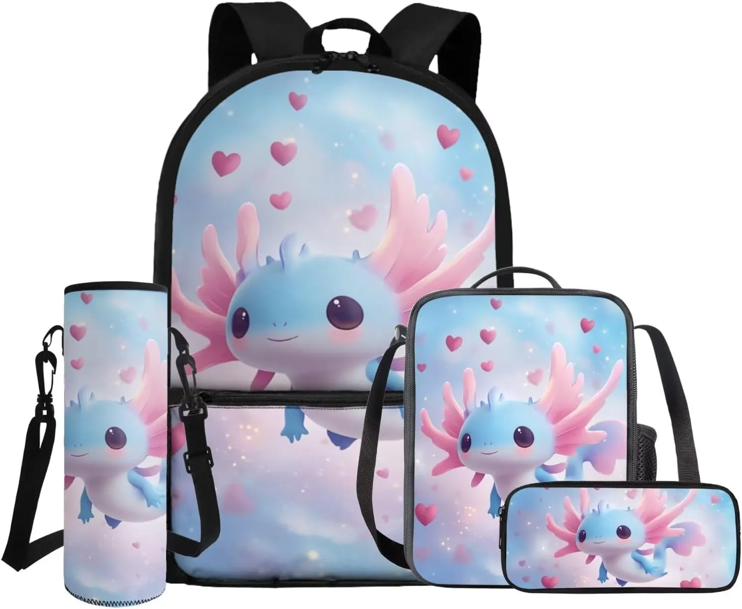 Gomyblomy Blue Pink Axolotl Backpack for Girls 6-8 8-10 Kawaii Girls Bookbag with Lunch Box Pencil Case Water Bottle Holder Large Capacity Kids School Bag Set of 4 Pcs Back to School Supplies