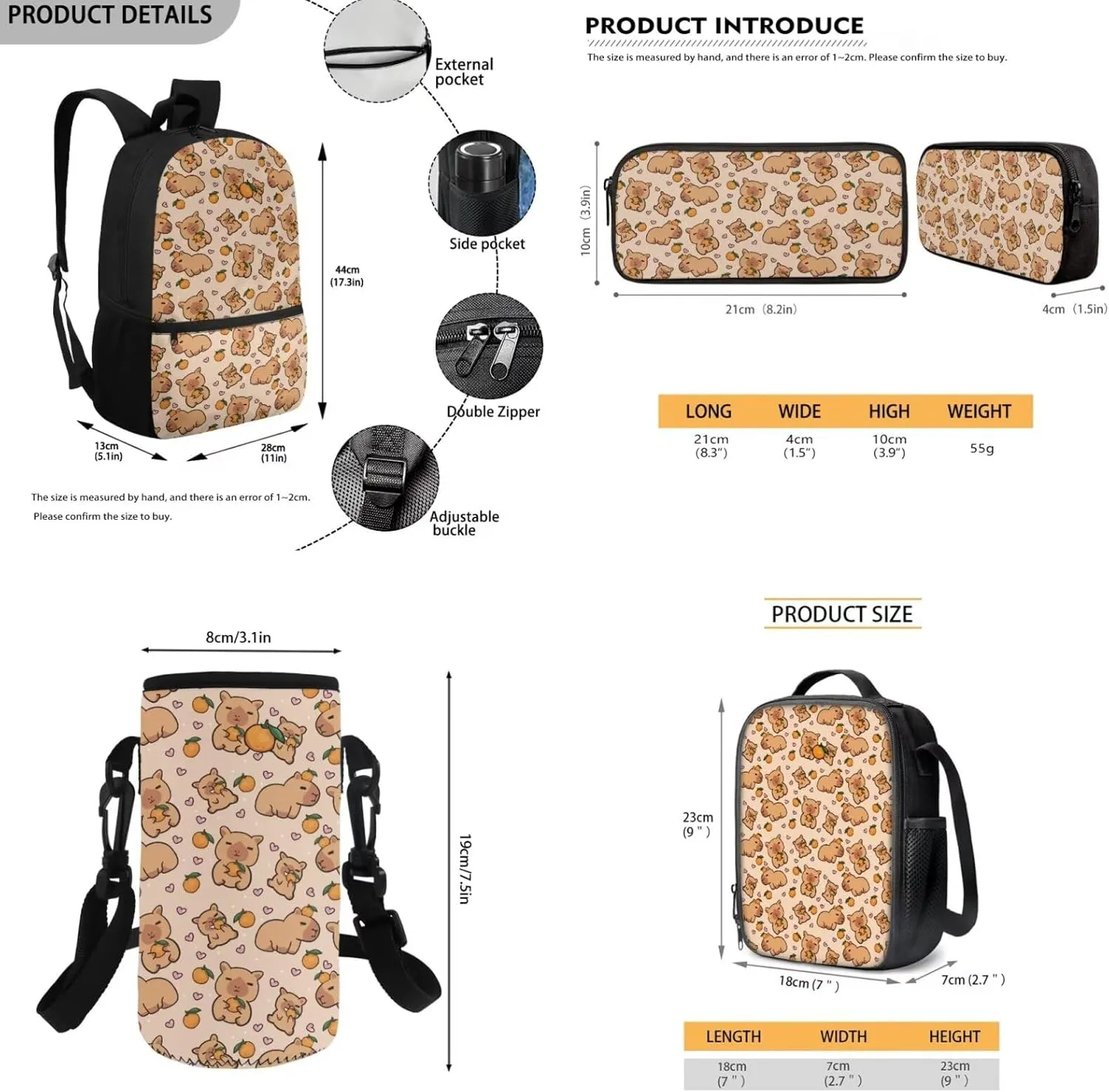 Gomyblomy Capybara Backpack for Girls 6-8 8-10 Kawaii Kids School Bag Set with Lunch Bag Pencil Case Water Bottle Sleeve for Elementary Kindergarten Cute Girls Bookbag Set of 4 Pcs