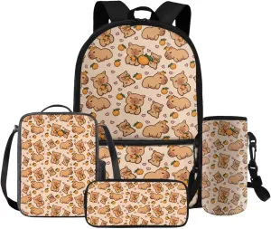 Gomyblomy Capybara Backpack for Girls 6-8 8-10 Kawaii Kids School Bag Set with Lunch Bag Pencil Case Water Bottle Sleeve for Elementary Kindergarten Cute Girls Bookbag Set of 4 Pcs