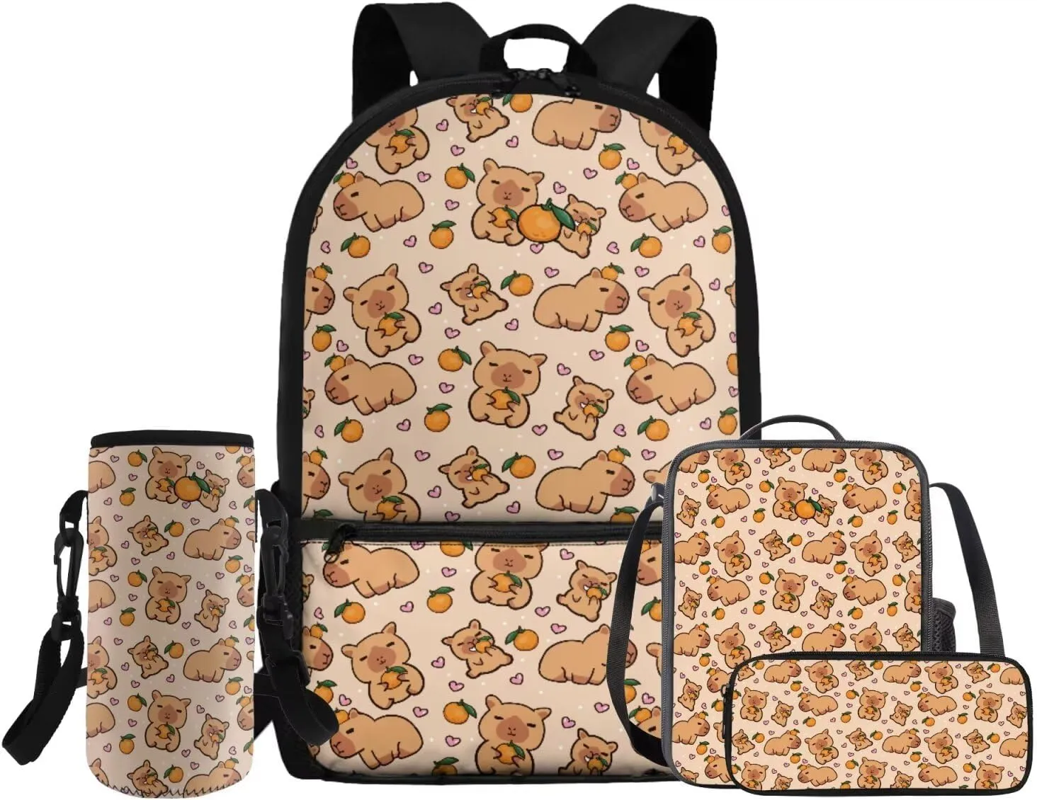 Gomyblomy Capybara Backpack for Girls 6-8 8-10 Kawaii Kids School Bag Set with Lunch Bag Pencil Case Water Bottle Sleeve for Elementary Kindergarten Cute Girls Bookbag Set of 4 Pcs
