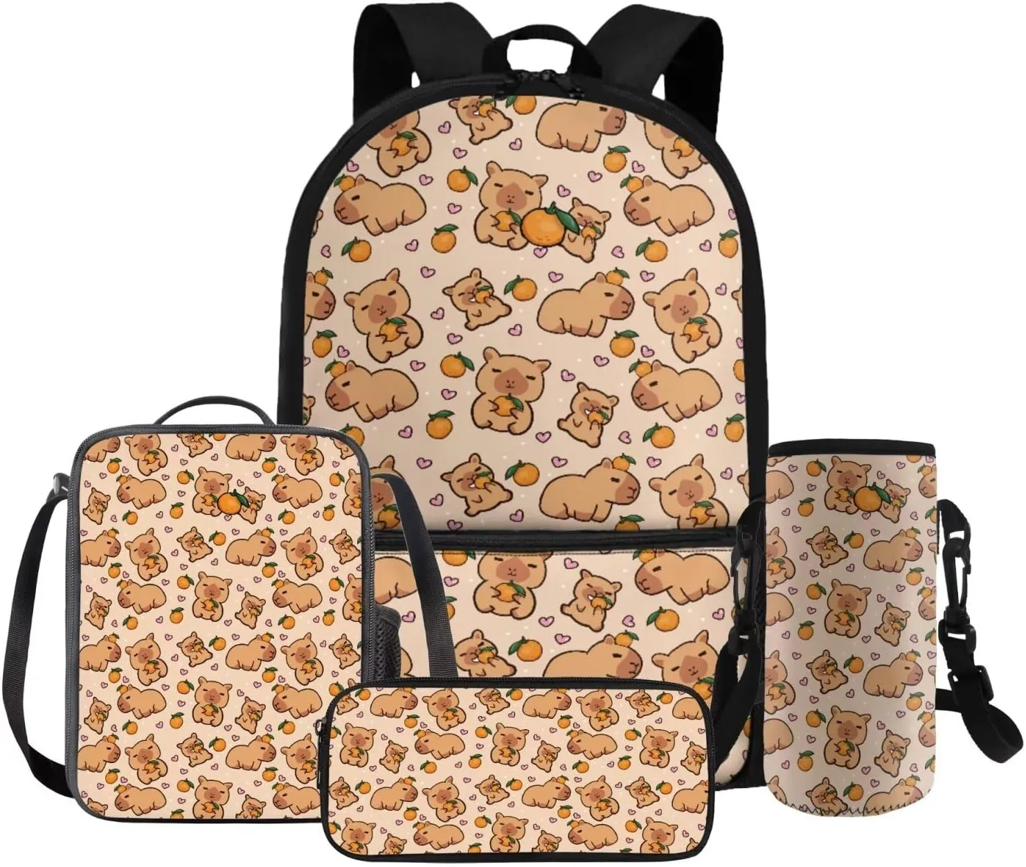 Gomyblomy Capybara Backpack for Girls 6-8 8-10 Kawaii Kids School Bag Set with Lunch Bag Pencil Case Water Bottle Sleeve for Elementary Kindergarten Cute Girls Bookbag Set of 4 Pcs