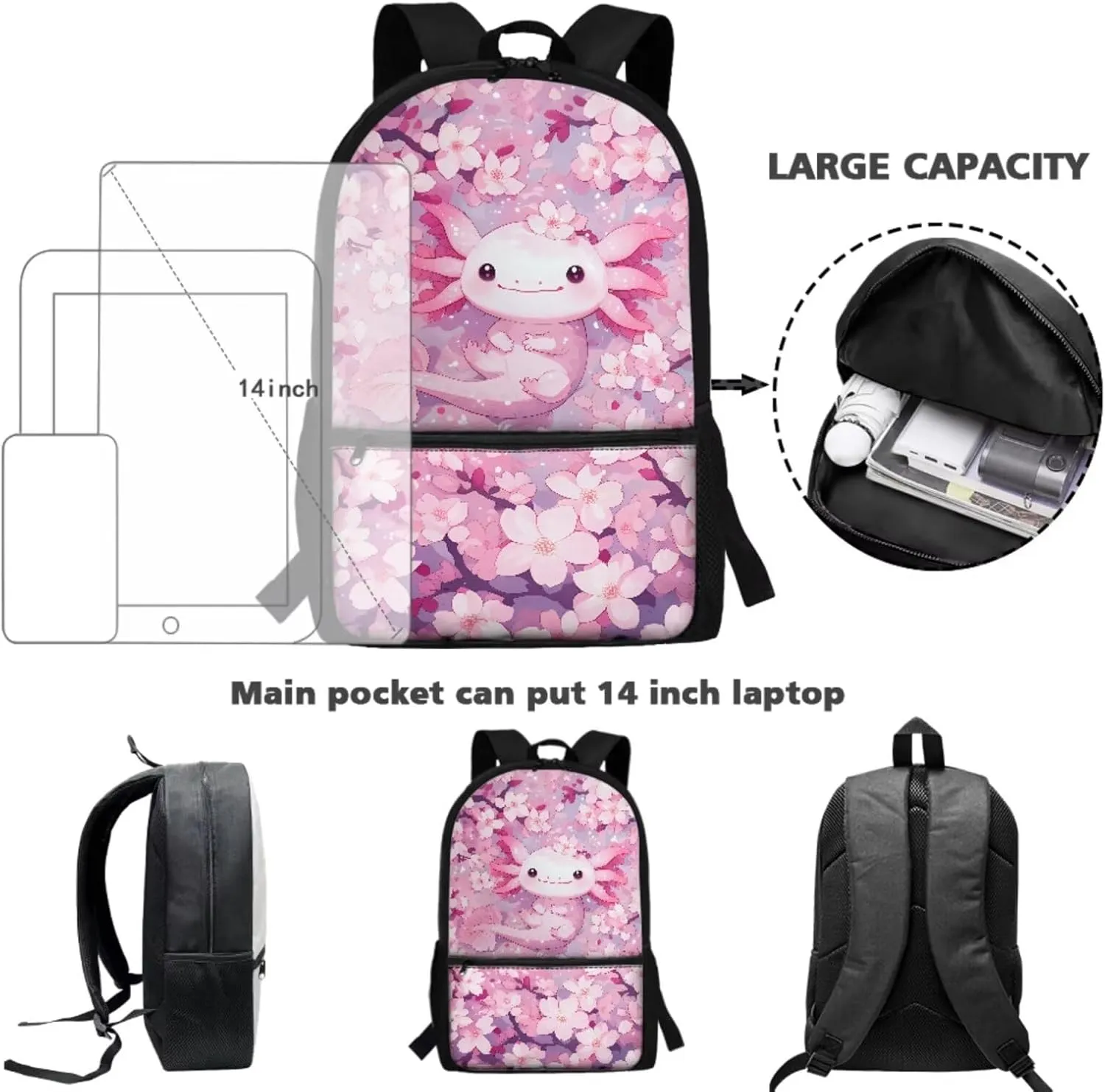 Gomyblomy Cute Axolotl Backpack for Kids 6-8 8-10 Cherry Blossom School Bag Set of 4 Pcs Girls Bookbag with Lunch Box Pencil Case Water Bottle Holder for Elementary Primary