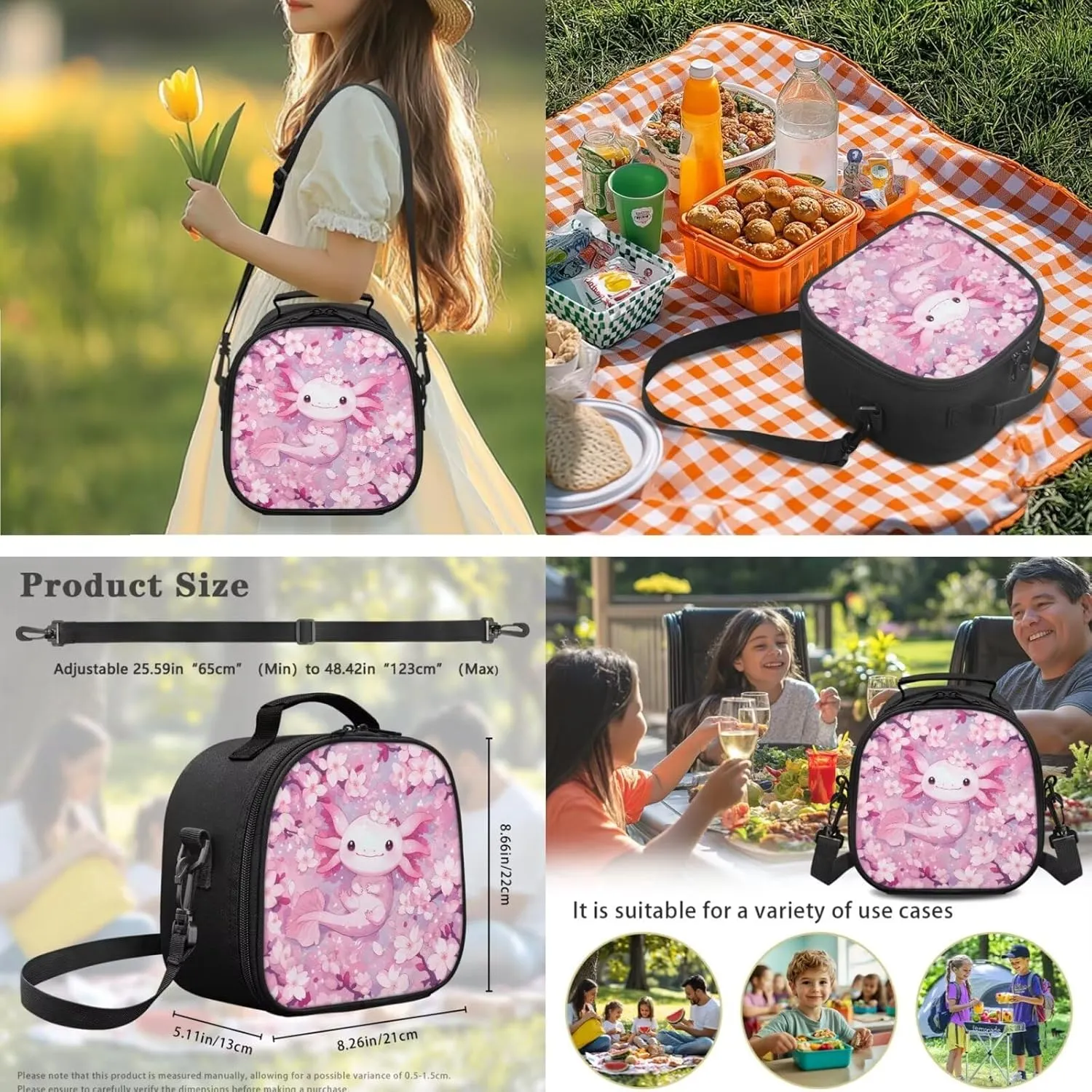 Gomyblomy Cute Axolotl Backpack for Kids 6-8 8-10 Cherry Blossom School Bag Set of 4 Pcs Girls Bookbag with Lunch Box Pencil Case Water Bottle Holder for Elementary Primary