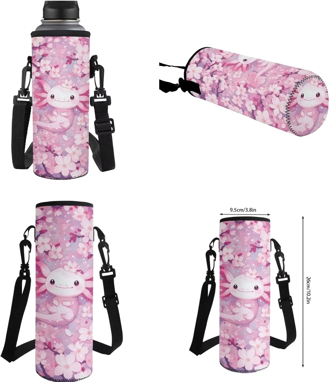 Gomyblomy Cute Axolotl Backpack for Kids 6-8 8-10 Cherry Blossom School Bag Set of 4 Pcs Girls Bookbag with Lunch Box Pencil Case Water Bottle Holder for Elementary Primary