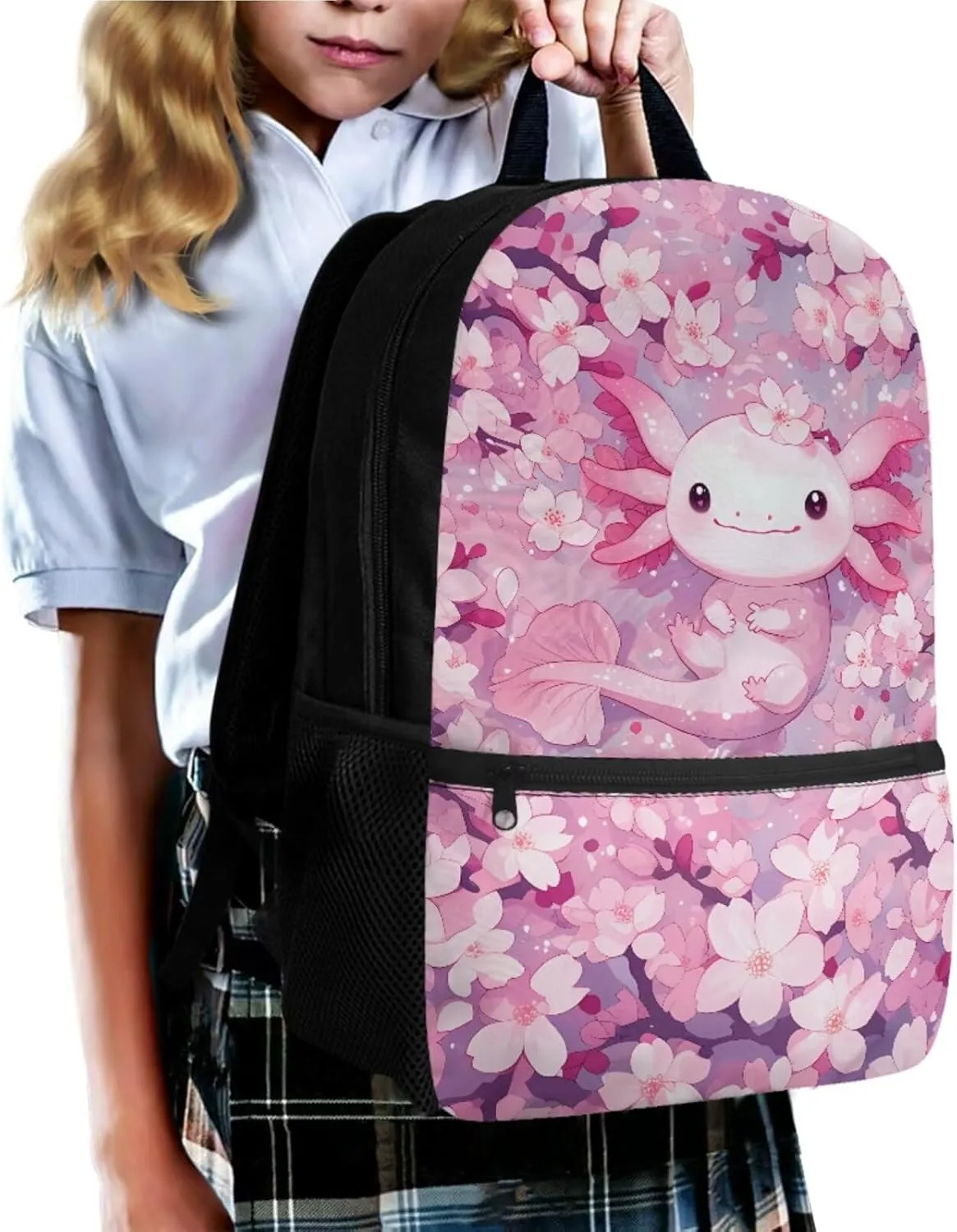Gomyblomy Cute Axolotl Backpack for Kids 6-8 8-10 Cherry Blossom School Bag Set of 4 Pcs Girls Bookbag with Lunch Box Pencil Case Water Bottle Holder for Elementary Primary