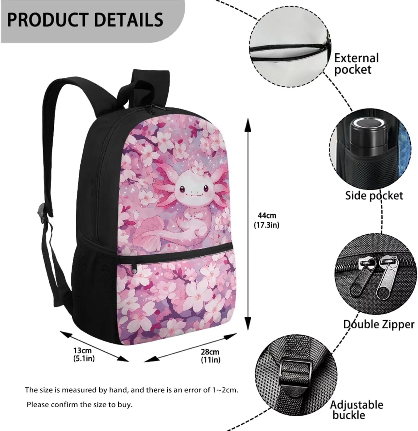 Gomyblomy Cute Axolotl Backpack for Kids 6-8 8-10 Cherry Blossom School Bag Set of 4 Pcs Girls Bookbag with Lunch Box Pencil Case Water Bottle Holder for Elementary Primary