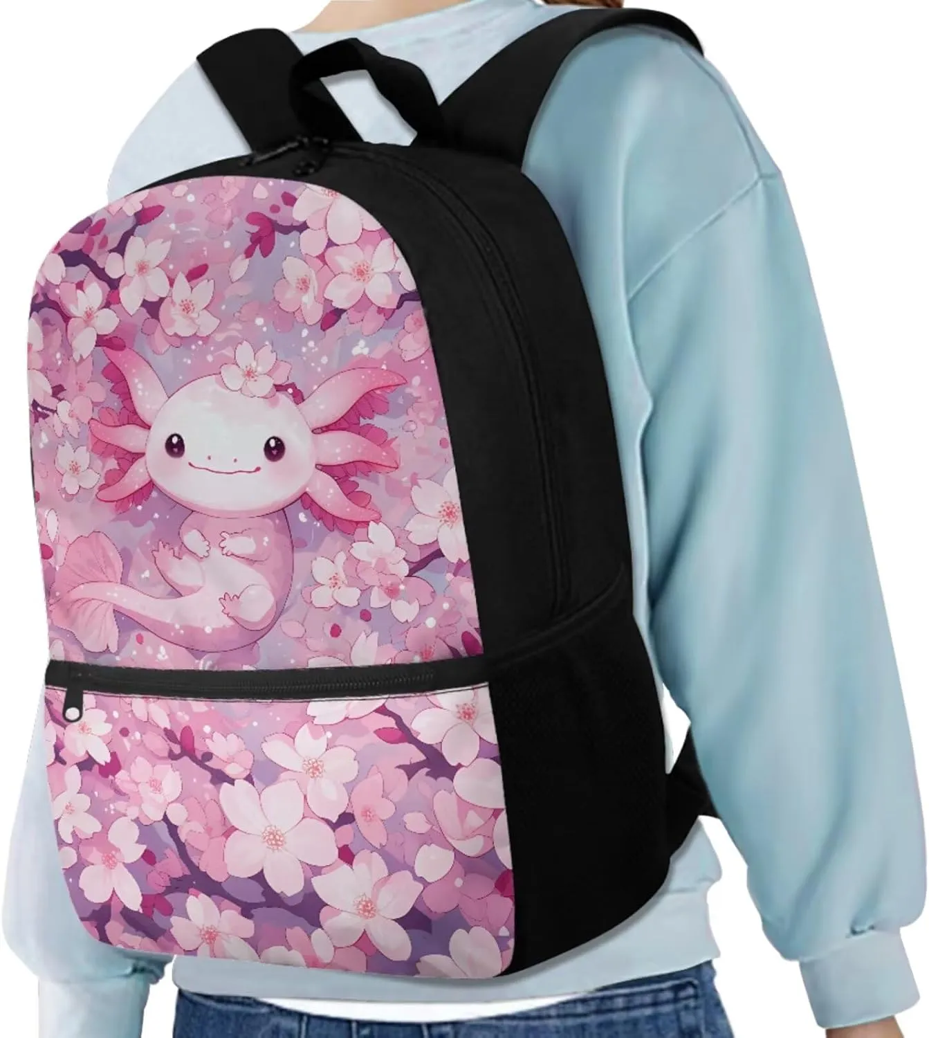 Gomyblomy Cute Axolotl Backpack for Kids 6-8 8-10 Cherry Blossom School Bag Set of 4 Pcs Girls Bookbag with Lunch Box Pencil Case Water Bottle Holder for Elementary Primary