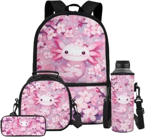 Gomyblomy Cute Axolotl Backpack for Kids 6-8 8-10 Cherry Blossom School Bag Set of 4 Pcs Girls Bookbag with Lunch Box Pencil Case Water Bottle Holder for Elementary Primary