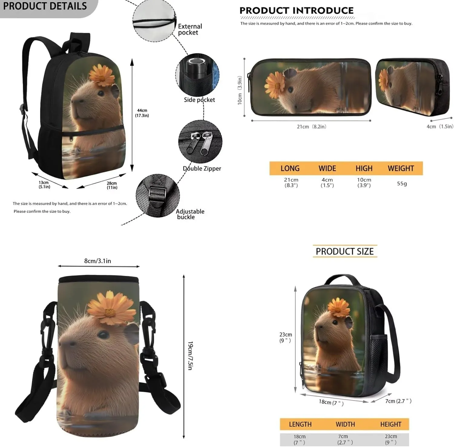 Gomyblomy Daisy Capybara Backpack with Lunchbox for Girls 10-12 Kawaii Kids Bookbag with Lunch Box 4 in1 Set Lightweight Girls School Bag Set for Elementary Middle School Daypack for Travel
