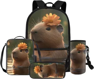 Gomyblomy Daisy Capybara Backpack with Lunchbox for Girls 10-12 Kawaii Kids Bookbag with Lunch Box 4 in1 Set Lightweight Girls School Bag Set for Elementary Middle School Daypack for Travel