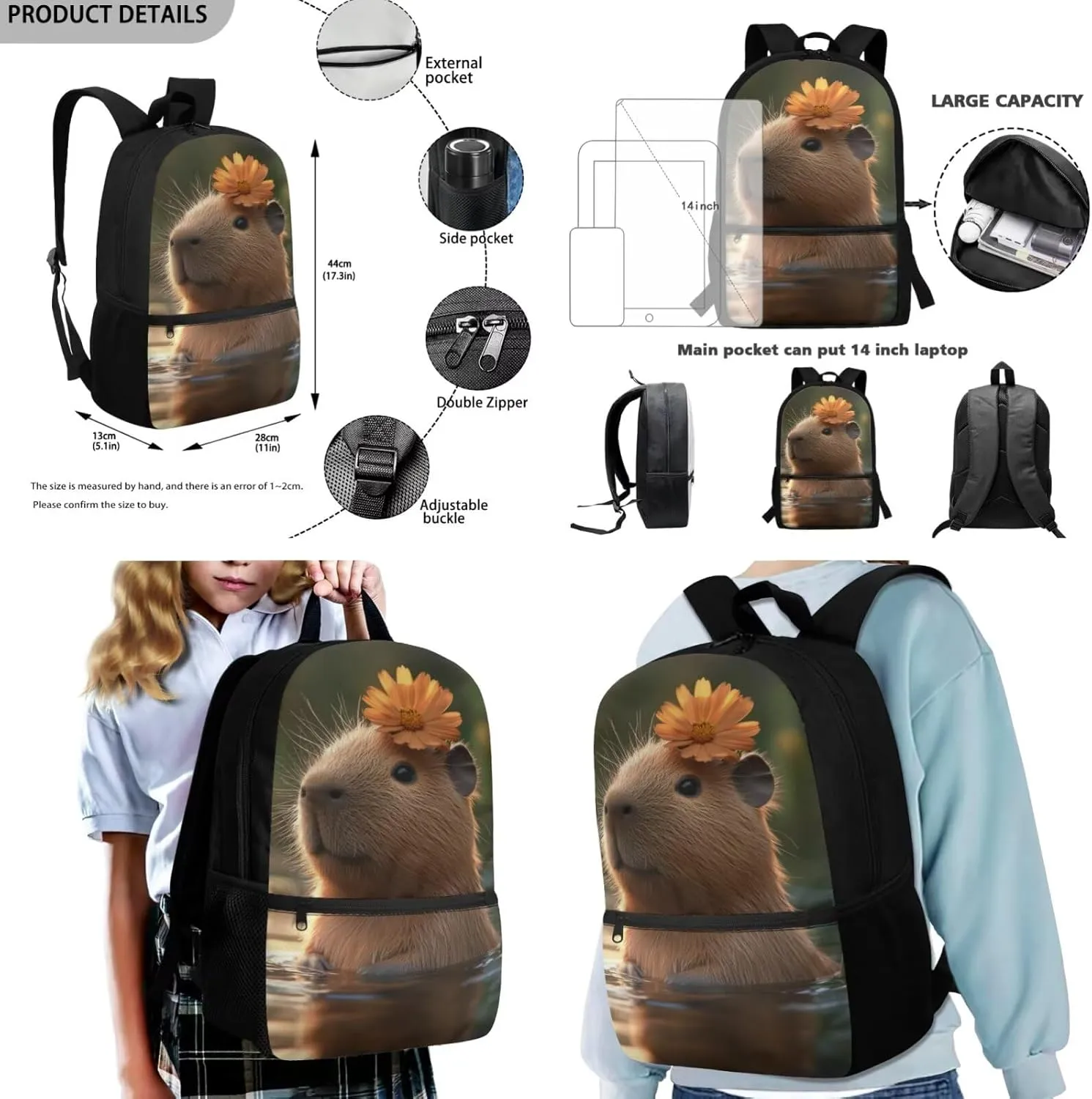 Gomyblomy Daisy Capybara Backpack with Lunchbox for Girls 10-12 Kawaii Kids Bookbag with Lunch Box 4 in1 Set Lightweight Girls School Bag Set for Elementary Middle School Daypack for Travel