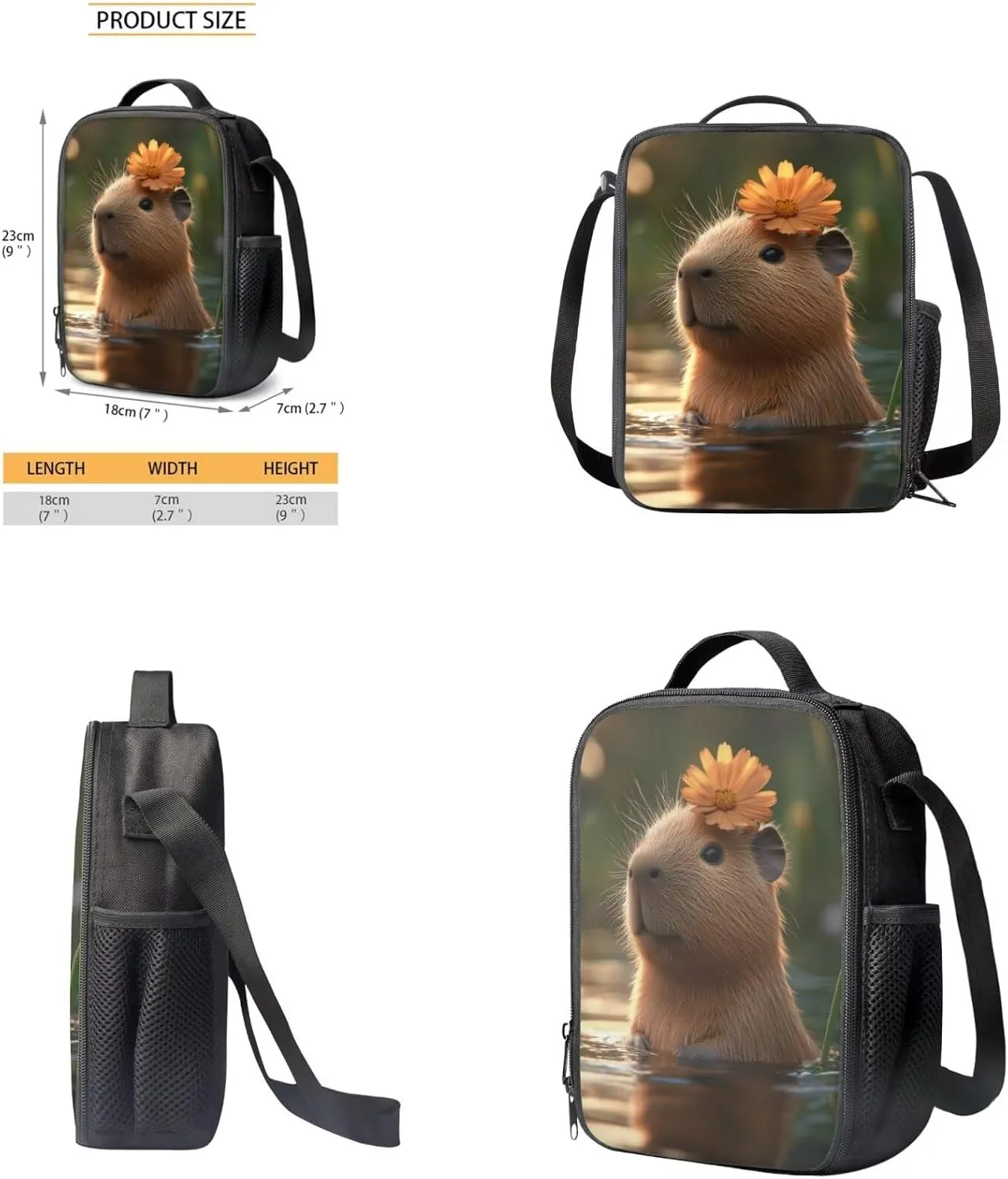 Gomyblomy Daisy Capybara Backpack with Lunchbox for Girls 10-12 Kawaii Kids Bookbag with Lunch Box 4 in1 Set Lightweight Girls School Bag Set for Elementary Middle School Daypack for Travel