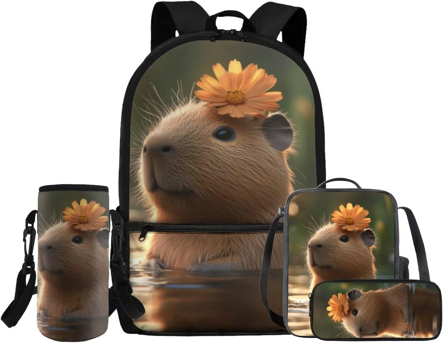 Gomyblomy Daisy Capybara Backpack with Lunchbox for Girls 10-12 Kawaii Kids Bookbag with Lunch Box 4 in1 Set Lightweight Girls School Bag Set for Elementary Middle School Daypack for Travel