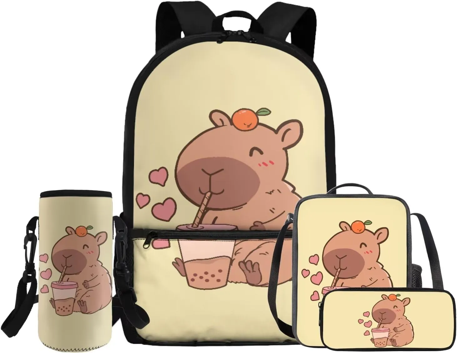 Gomyblomy Kawaii Capybara Backpack with Lunch Box for Girls 6-8 8-10 Cute 4 in1 Set Girls School Bag for Elementary Kindergarten Back to School Bookbag Lightweight Kids Bookbag for Primary