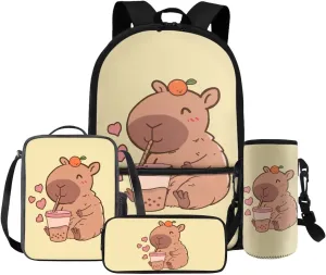 Gomyblomy Kawaii Capybara Backpack with Lunch Box for Girls 6-8 8-10 Cute 4 in1 Set Girls School Bag for Elementary Kindergarten Back to School Bookbag Lightweight Kids Bookbag for Primary