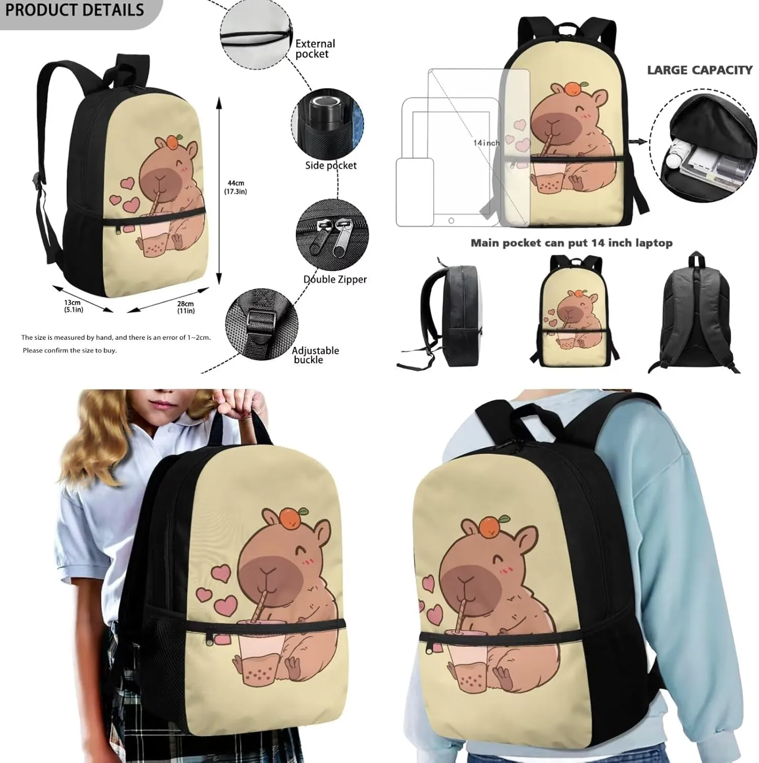 Gomyblomy Kawaii Capybara Backpack with Lunch Box for Girls 6-8 8-10 Cute 4 in1 Set Girls School Bag for Elementary Kindergarten Back to School Bookbag Lightweight Kids Bookbag for Primary
