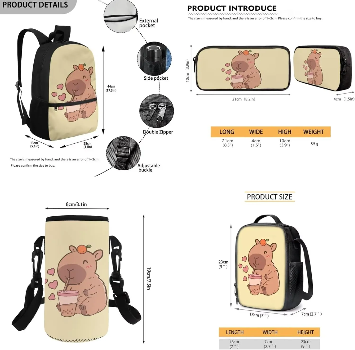 Gomyblomy Kawaii Capybara Backpack with Lunch Box for Girls 6-8 8-10 Cute 4 in1 Set Girls School Bag for Elementary Kindergarten Back to School Bookbag Lightweight Kids Bookbag for Primary