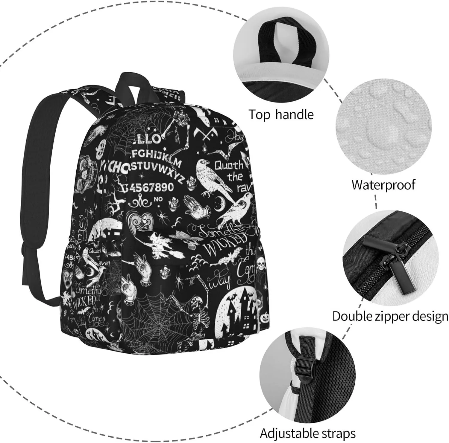 Gothic Bat Halloween Witchy Backpack School Bag Lightweight Bookbag Casual Daypack for Girls Boys Kids Women Men Travel Laptop 16 Inch