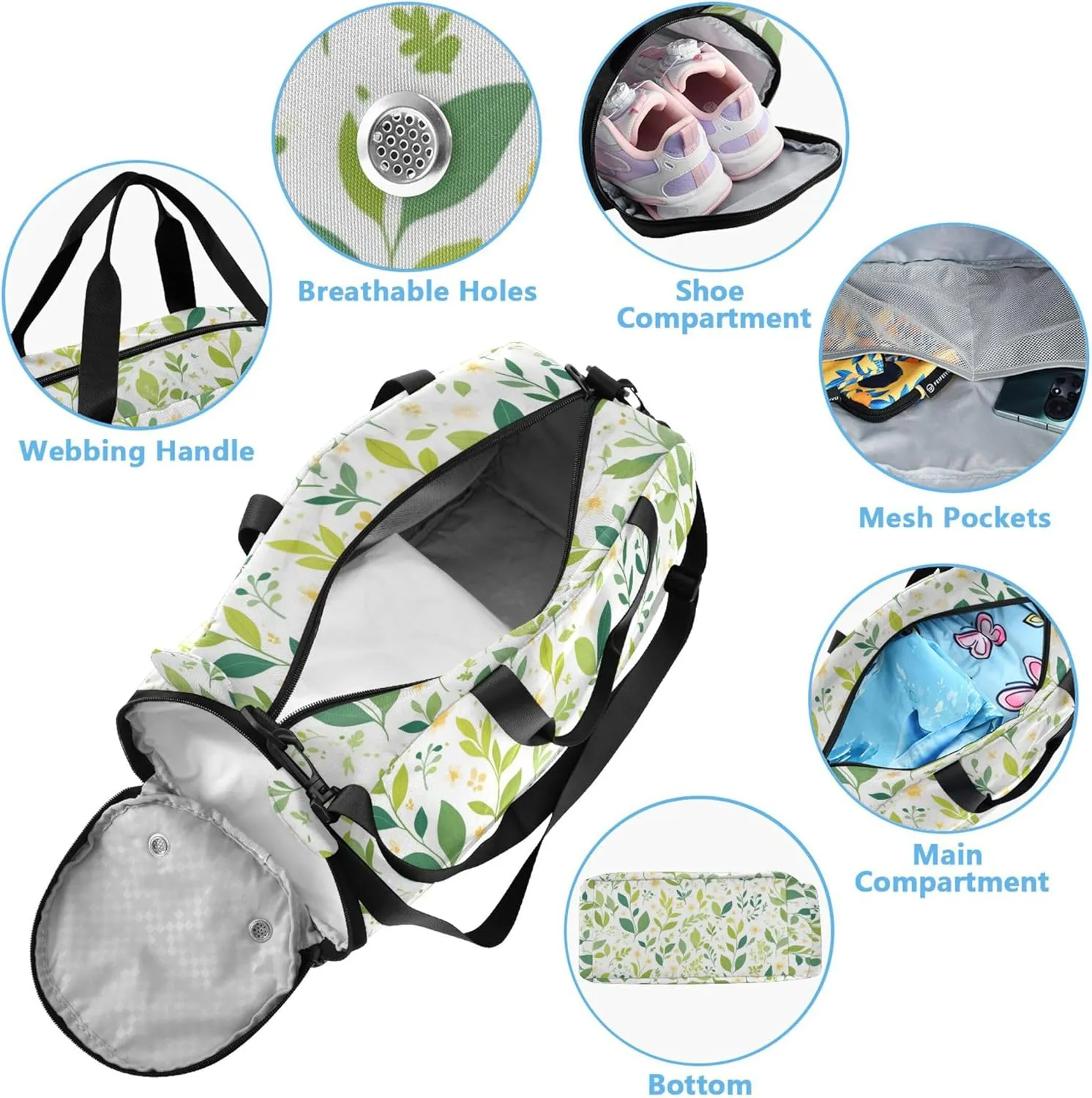 Green Leaves Kids Cute Gym Bag with Shoes Compartment Multifunctional Sports Bag Travel Tote for Travel, Sports, Fitness & Workout