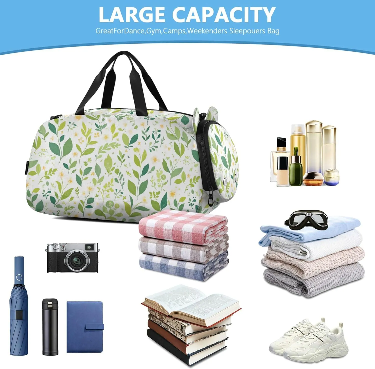 Green Leaves Kids Cute Gym Bag with Shoes Compartment Multifunctional Sports Bag Travel Tote for Travel, Sports, Fitness & Workout