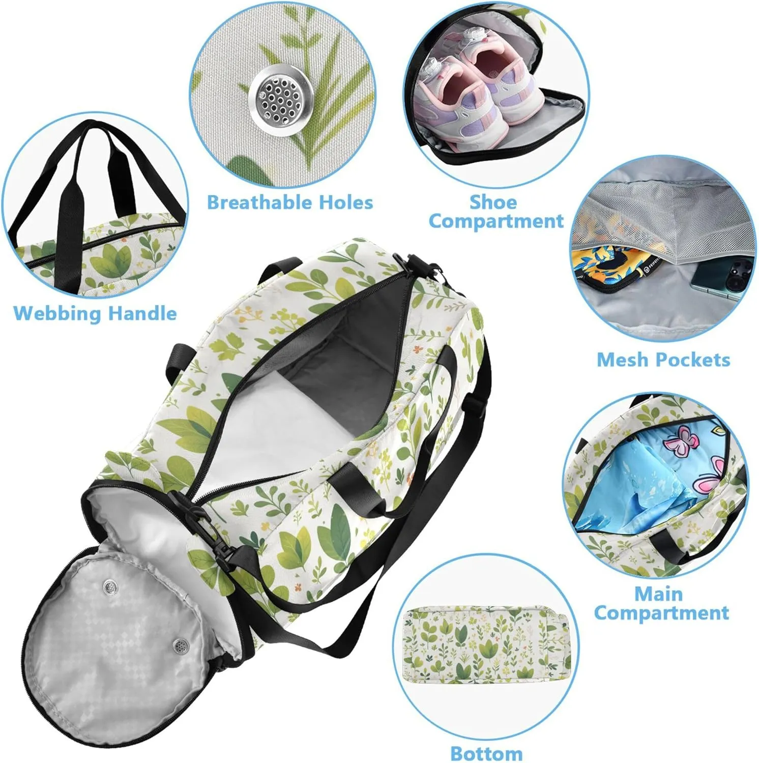Green Leaves Plants Boy's Gym Duffel Bag with Shoes Compartment Large Capacity Weekend Travel Bag for Boys and Girls