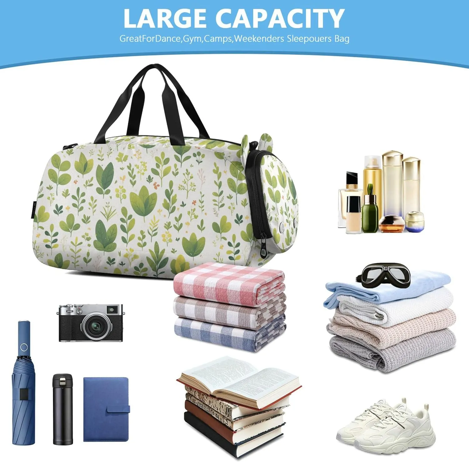 Green Leaves Plants Boy's Gym Duffel Bag with Shoes Compartment Large Capacity Weekend Travel Bag for Boys and Girls