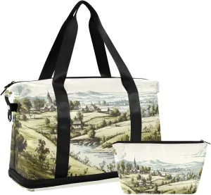 Green Village Gym Bag - Weekender Overnight Bags for Women Men, Sport Travel Duffel Bag with Wet Pocket & Shoe Compartment