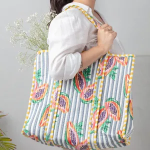 Grey Papaya Stripes Screenprinted Tote Bag