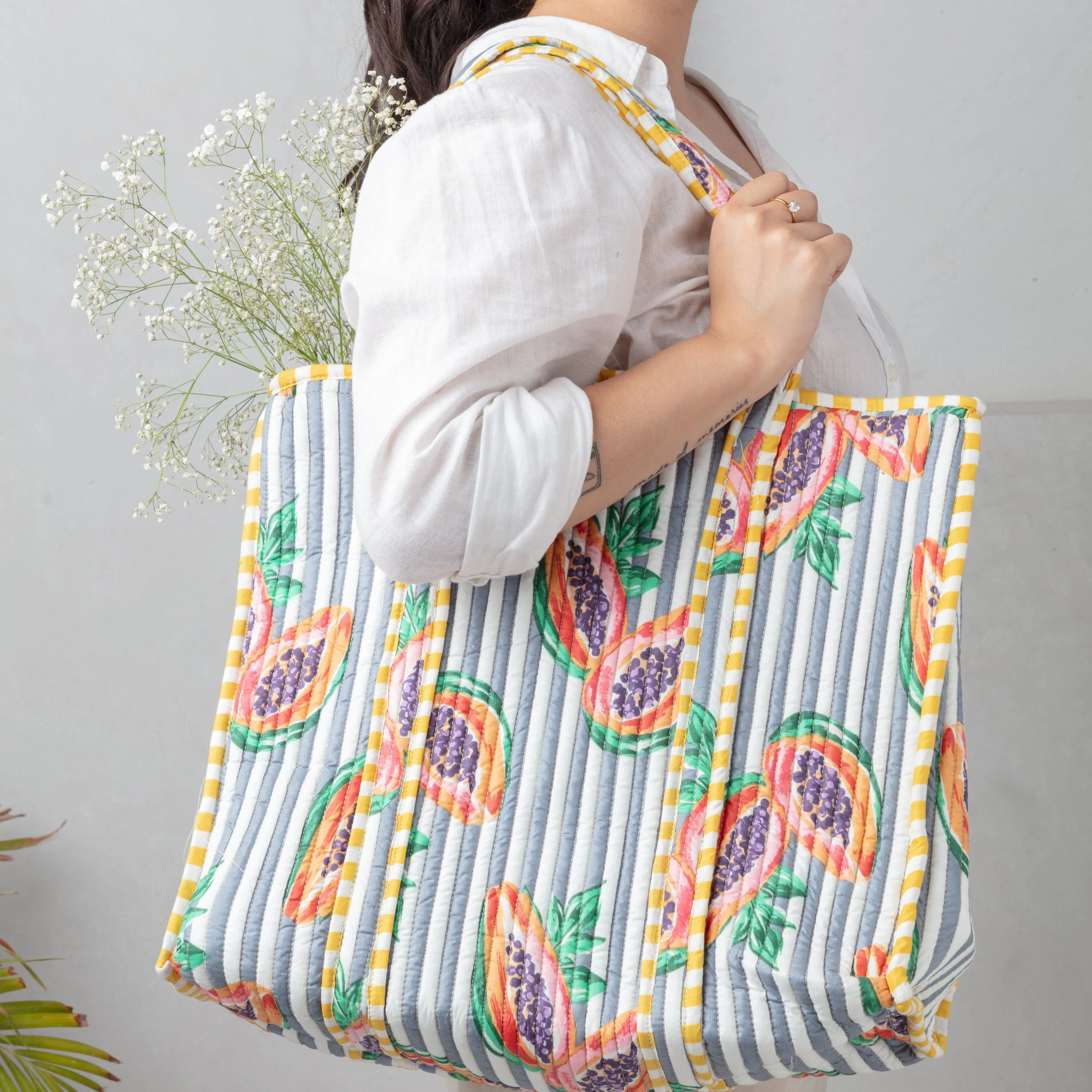Grey Papaya Stripes Screenprinted Tote Bag