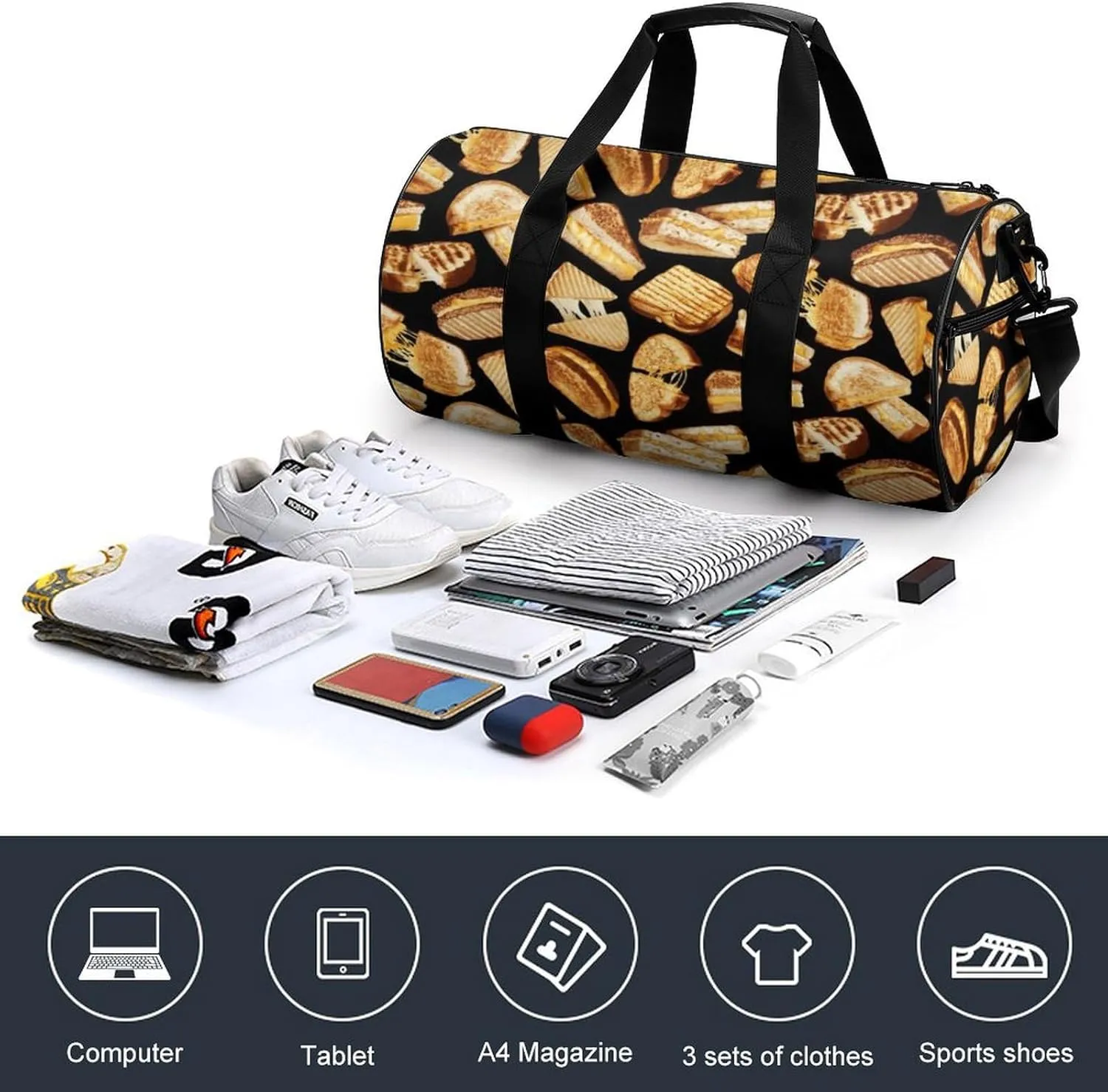 Grilled Cheese Sandwiches Art Large Capacity Cylindrical Fitness Bag, Hand-held Fitness Bag