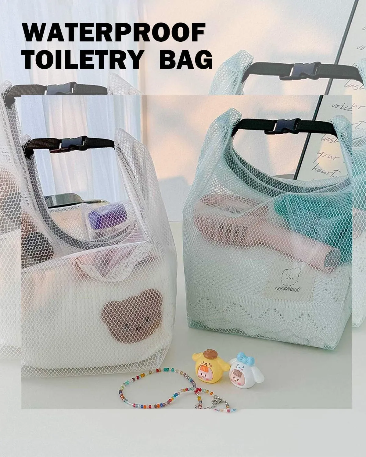 GRINKO Mesh Shower Bag Travel Makeup Pouch for Women Waterproof Toiletry Bag Plastic Make Up Bags for Carry On with Buckle Handle Grey