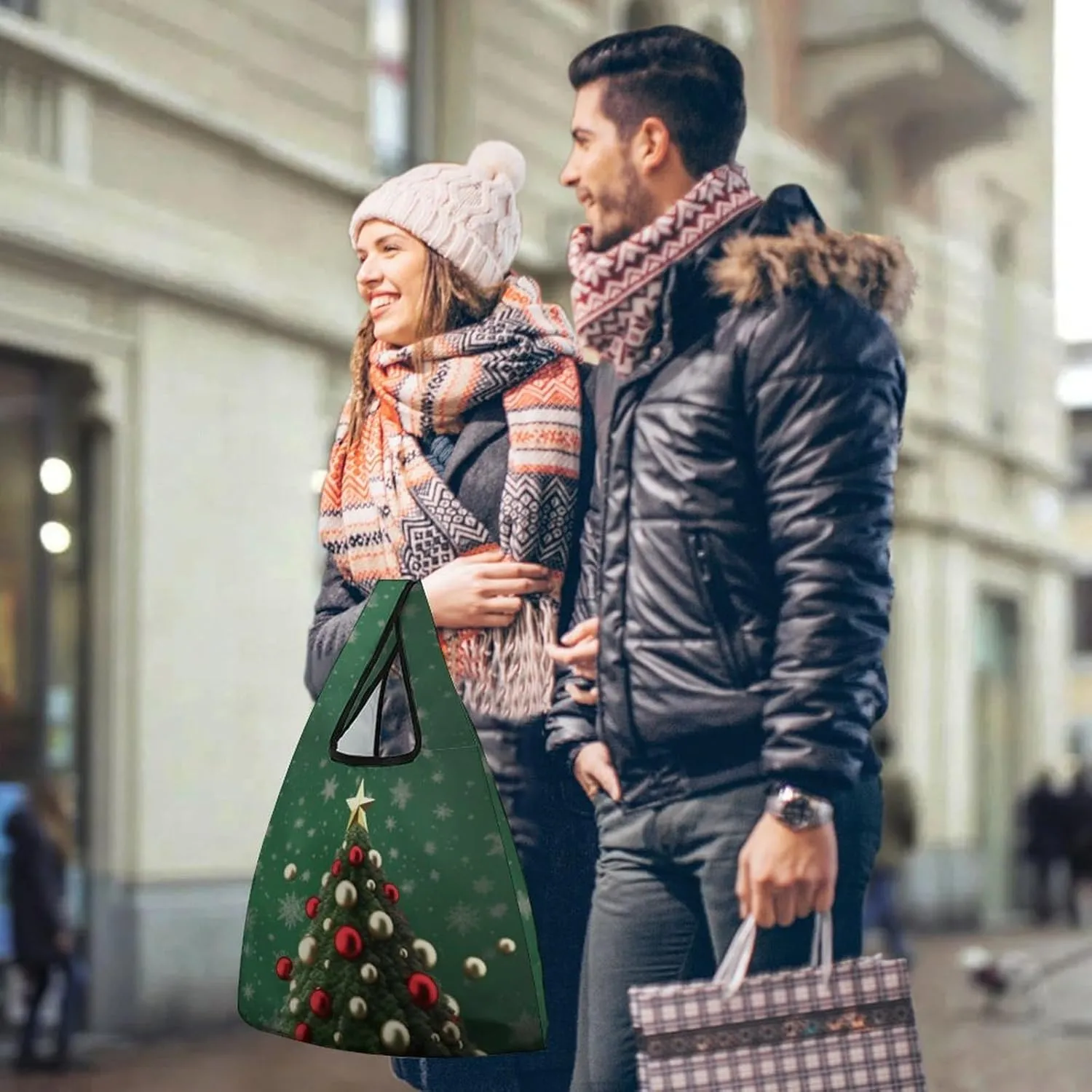 Grocery Bag Reusable Tote Bag Foldable Round Ball Christmas Tree Shopping Bag Handbag Washable Shoulder Bag for Travel