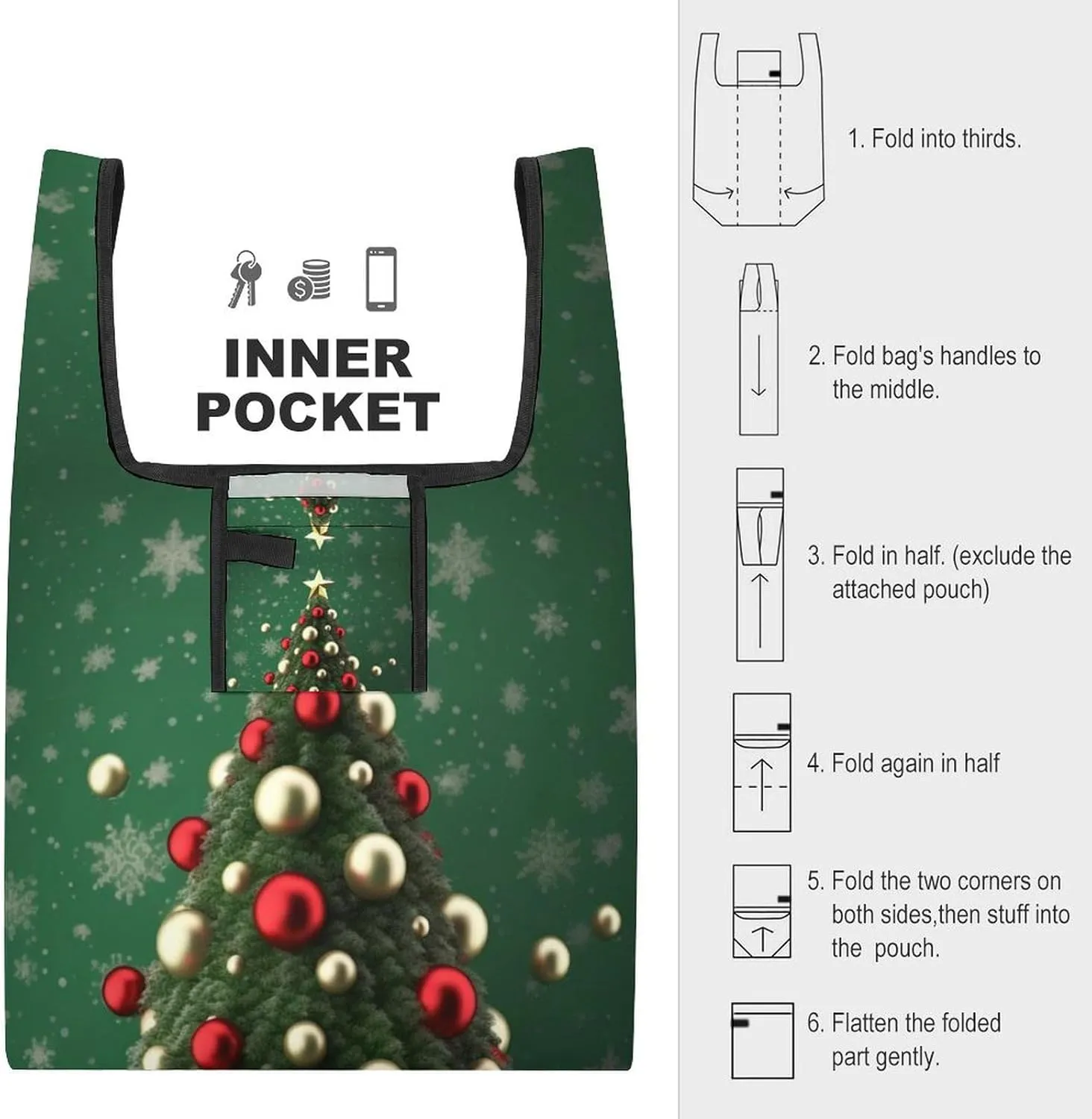 Grocery Bag Reusable Tote Bag Foldable Round Ball Christmas Tree Shopping Bag Handbag Washable Shoulder Bag for Travel