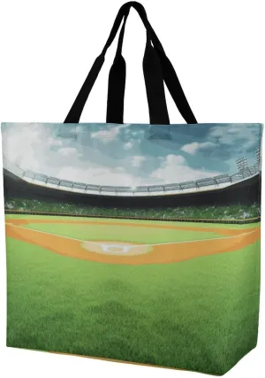 Grocery Bags for Shopping Green Baseball Field Backdrop Shopping Bag for Women Men Lightweight Bag Reusable Tote Bags Foldable Bag with Handle Portable Storage Handbag
