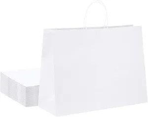 GSSUSA Large Paper Gift Bags 16x6x12'' 25Pcs White Paper Bags with Handles, Shopping Bag for Small Business, Sturdy Kraft Paper, for Boutique, Party Favor Bag, Valentine's Day Craft
