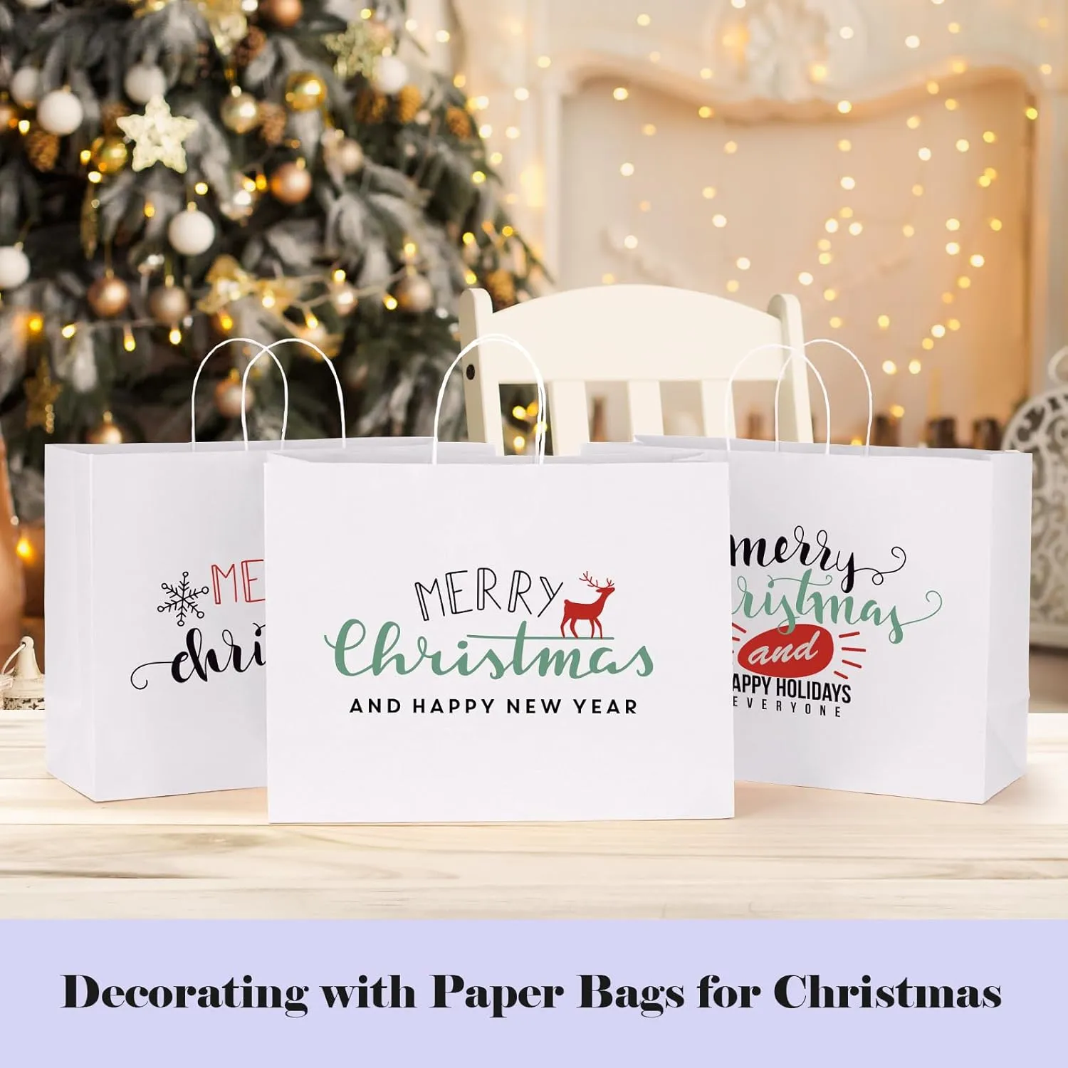 GSSUSA Large Paper Gift Bags 16x6x12'' 25Pcs White Paper Bags with Handles, Shopping Bag for Small Business, Sturdy Kraft Paper, for Boutique, Party Favor Bag, Valentine's Day Craft