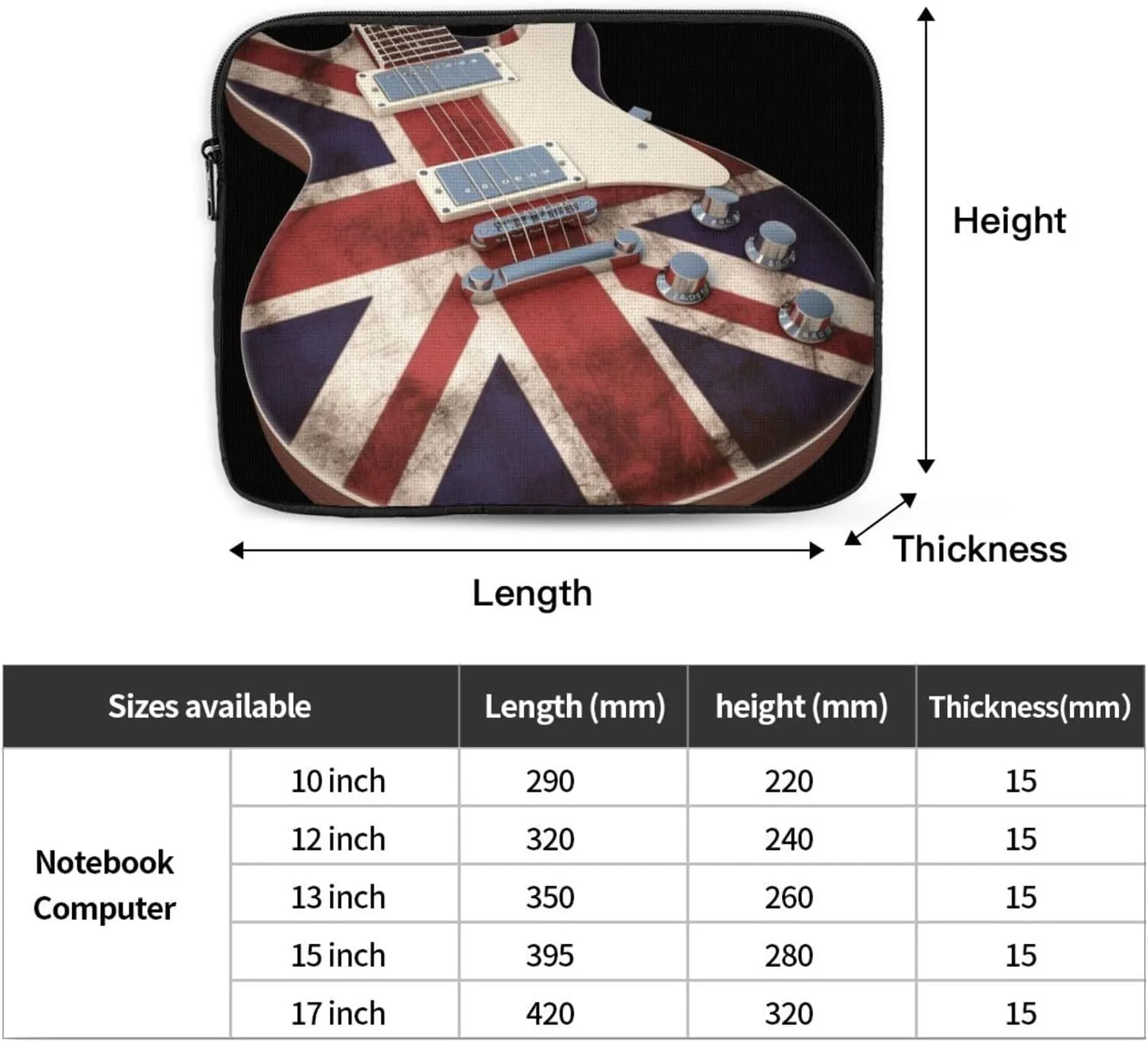 Guitar British Flag Laptop Sleeve 17 inch Shockproof Protective Computer Carrying Cover Computer Bag Laptop Case Briefcase Handbags Portable Laptop Bag Gifts for Men Women