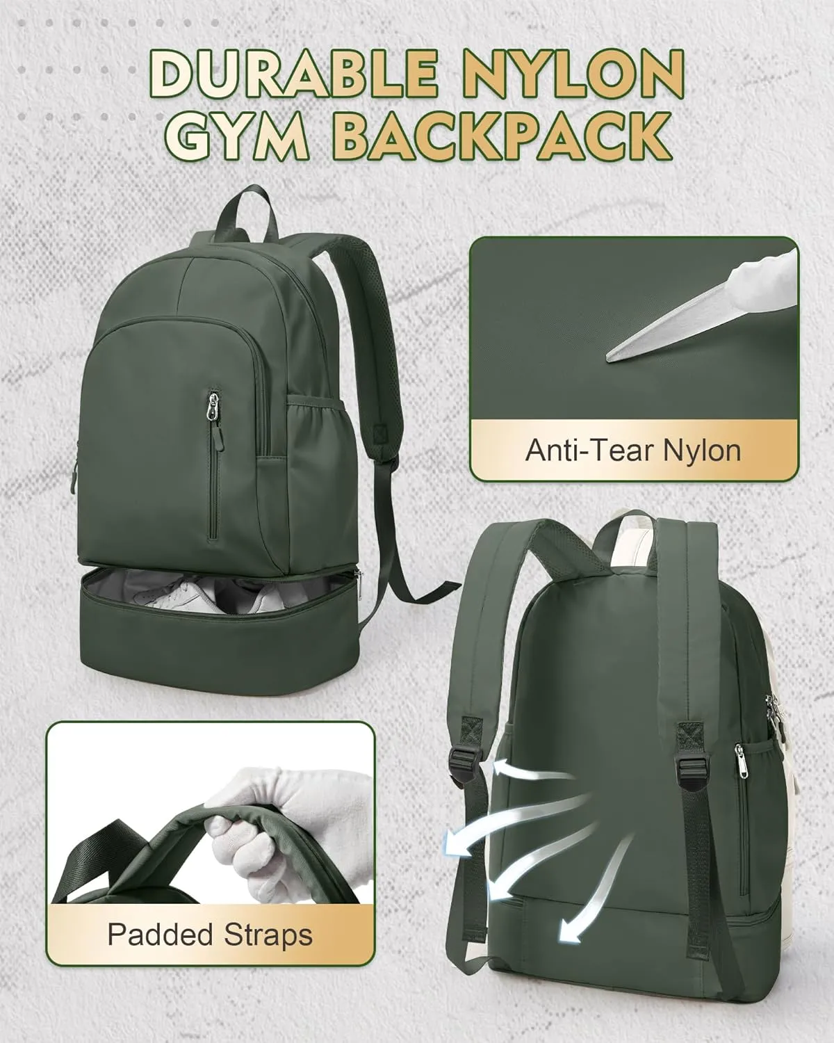 Gym Backpack for Women Men, Lightweight Gym Bag with Shoe Compartment, Waterproof Sports Backpack with Wet Pocket, Green
