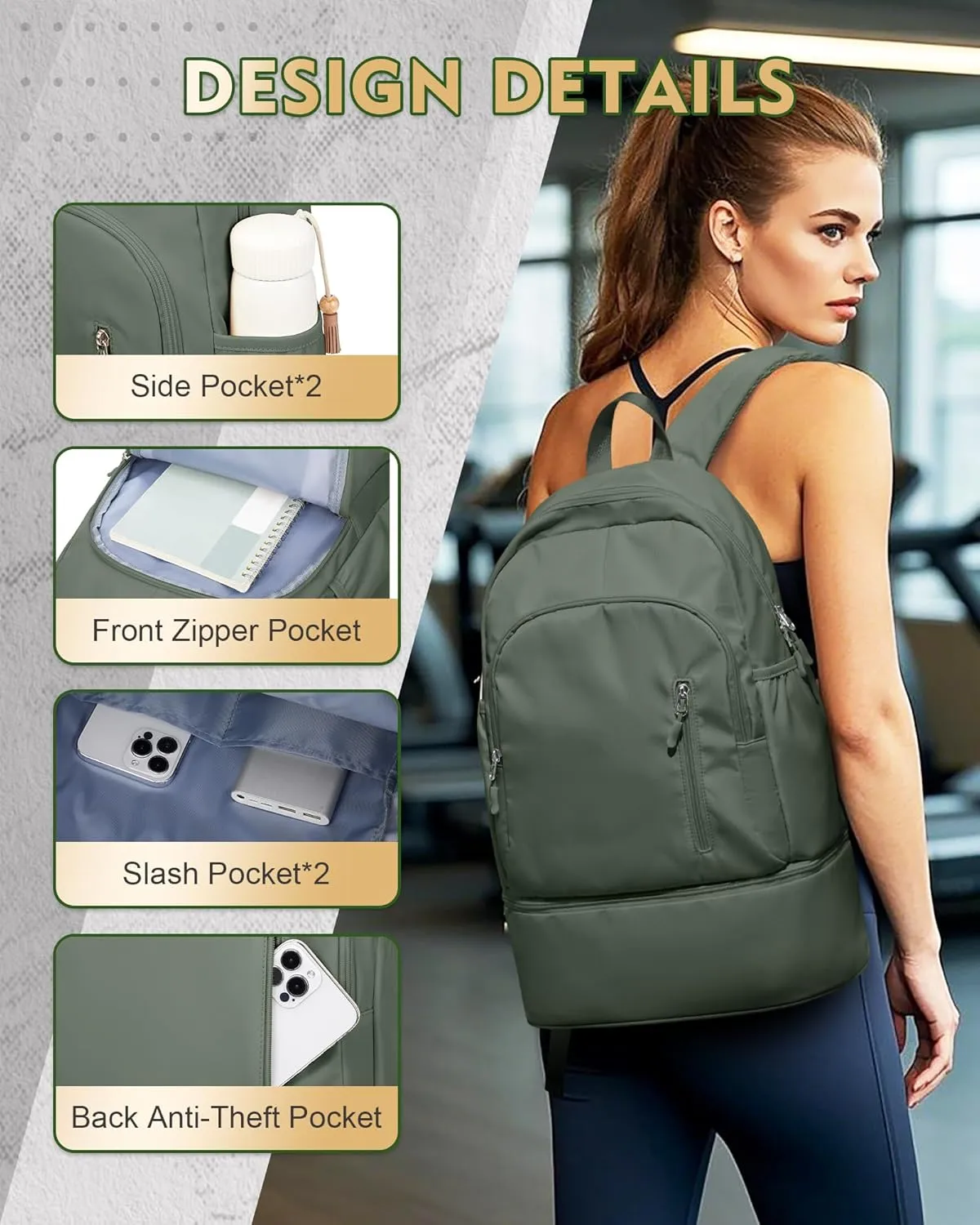 Gym Backpack for Women Men, Lightweight Gym Bag with Shoe Compartment, Waterproof Sports Backpack with Wet Pocket, Green