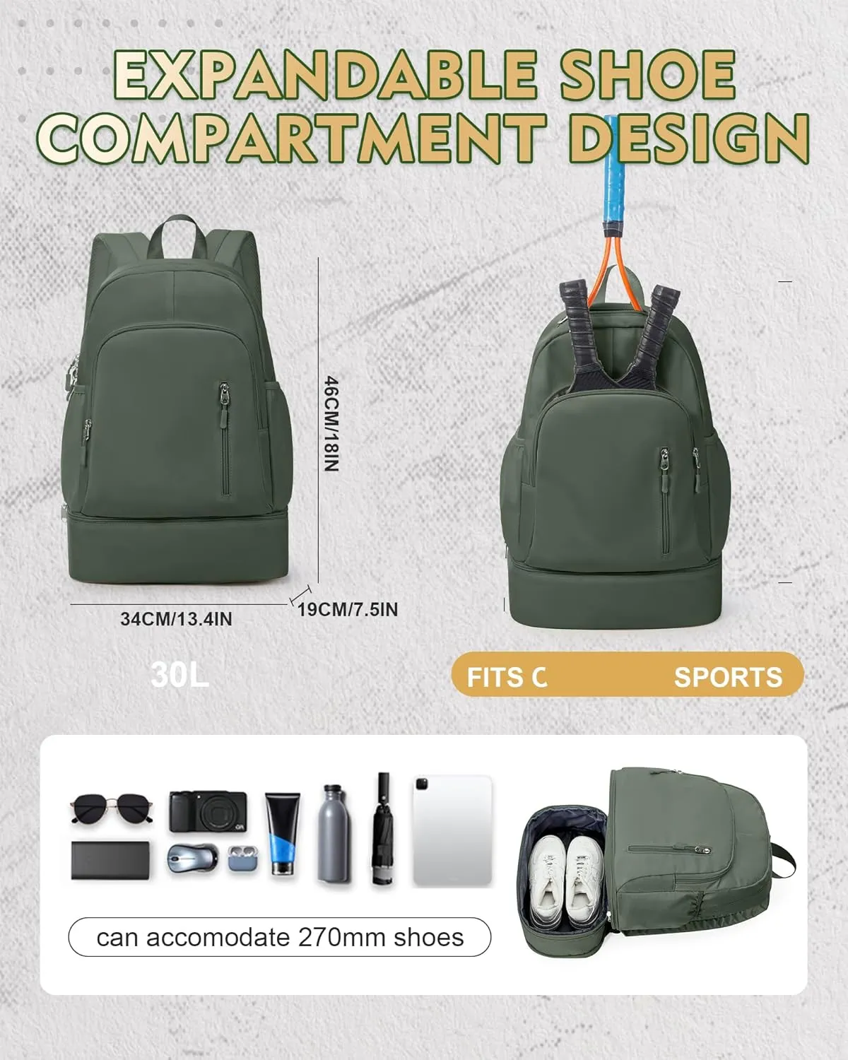 Gym Backpack for Women Men, Lightweight Gym Bag with Shoe Compartment, Waterproof Sports Backpack with Wet Pocket, Green