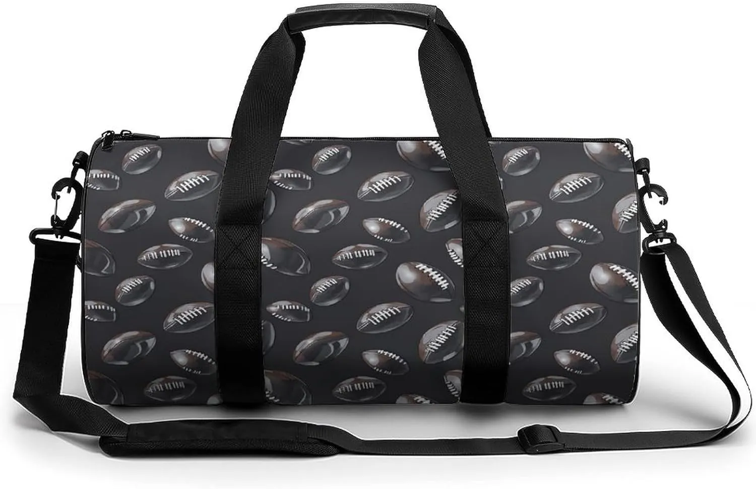 Gym Bag 17in for Men Women, Waterproof Foldable Sports Organizer, Durable Workout Travel Duffle Bag, Cool Black Footballs on Charcoal-9
