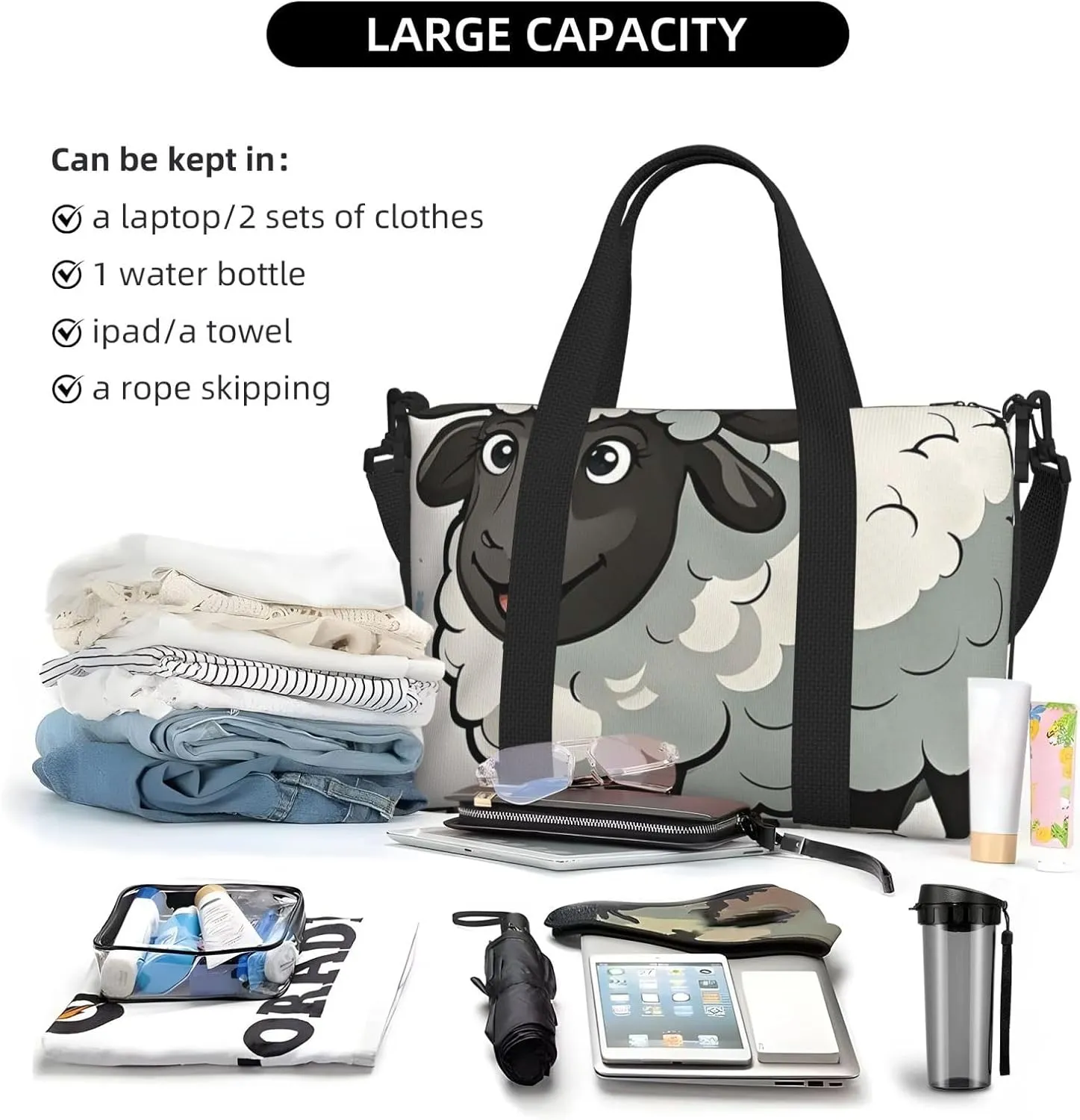 Gym Bag Cartoon Black White Sheep Duffel Bag for Men Women Travel Overnight Bag with Shoe Compartment Workout Bags