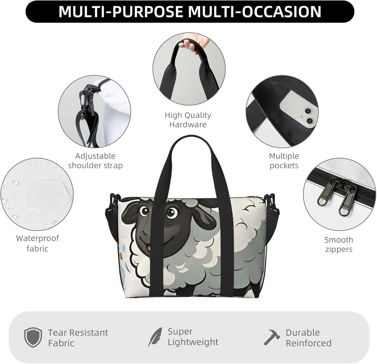 Gym Bag Cartoon Black White Sheep Duffel Bag for Men Women Travel Overnight Bag with Shoe Compartment Workout Bags