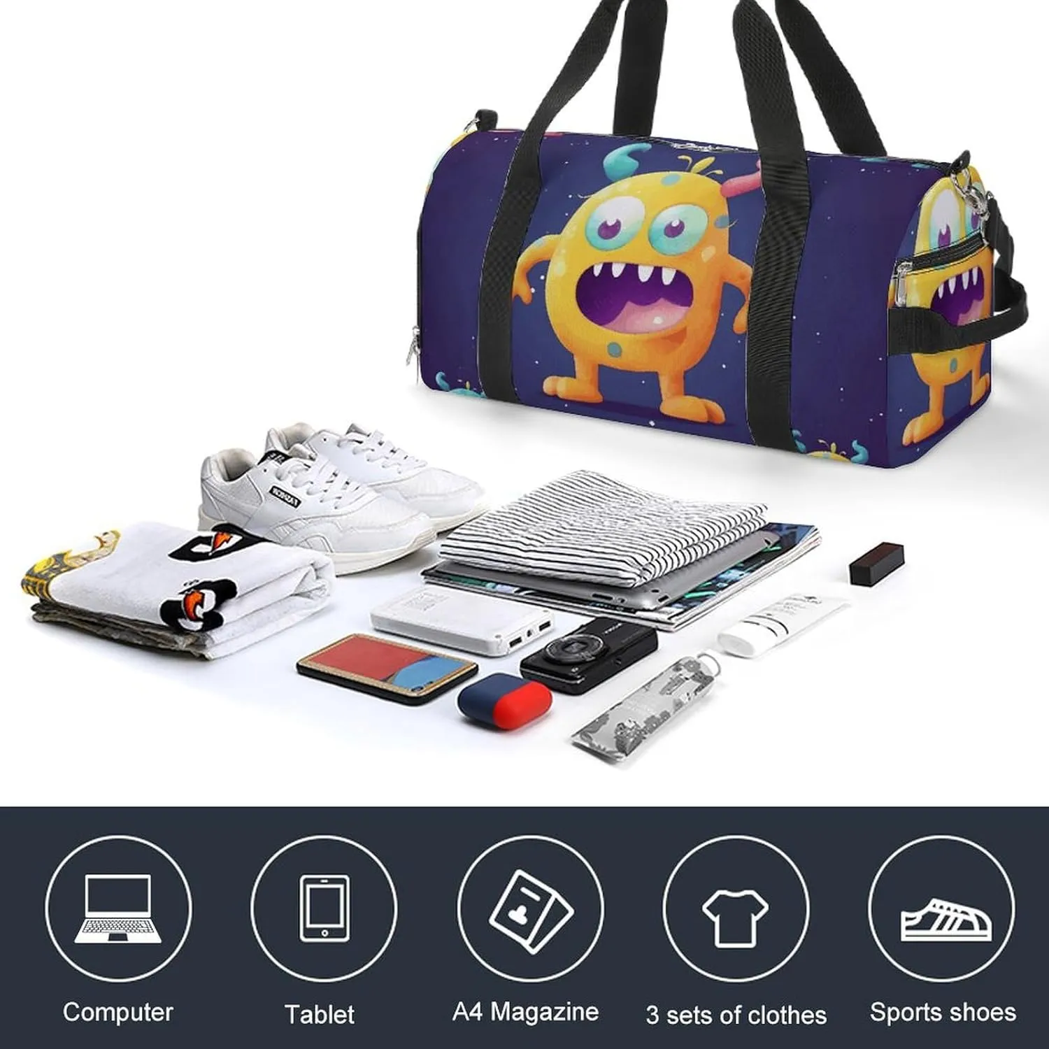 Gym Bag Cartoon Colorful Monster Duffel Bag for Men Women Overnight Bag with Shoe Compartment Workout Bags