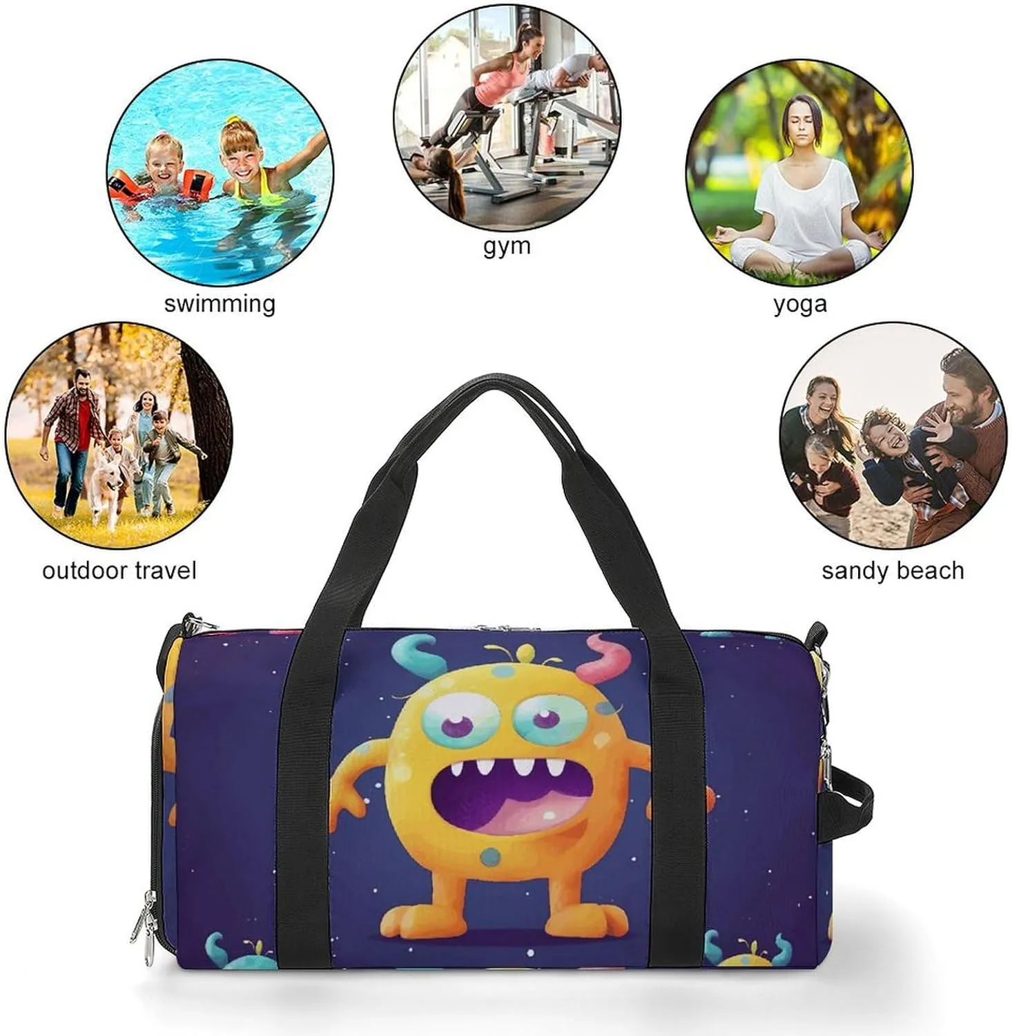 Gym Bag Cartoon Colorful Monster Duffel Bag for Men Women Overnight Bag with Shoe Compartment Workout Bags