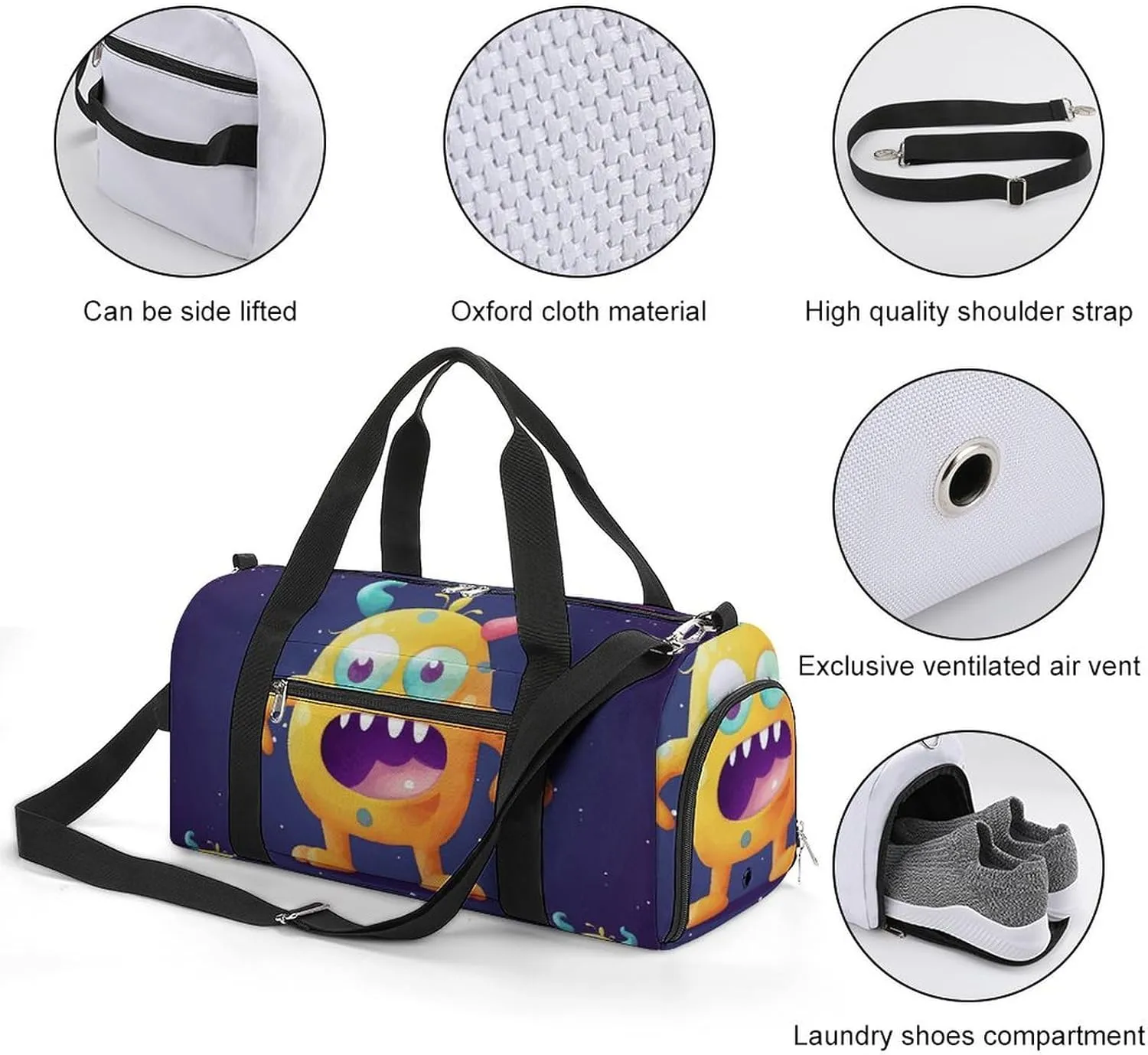 Gym Bag Cartoon Colorful Monster Duffel Bag for Men Women Overnight Bag with Shoe Compartment Workout Bags