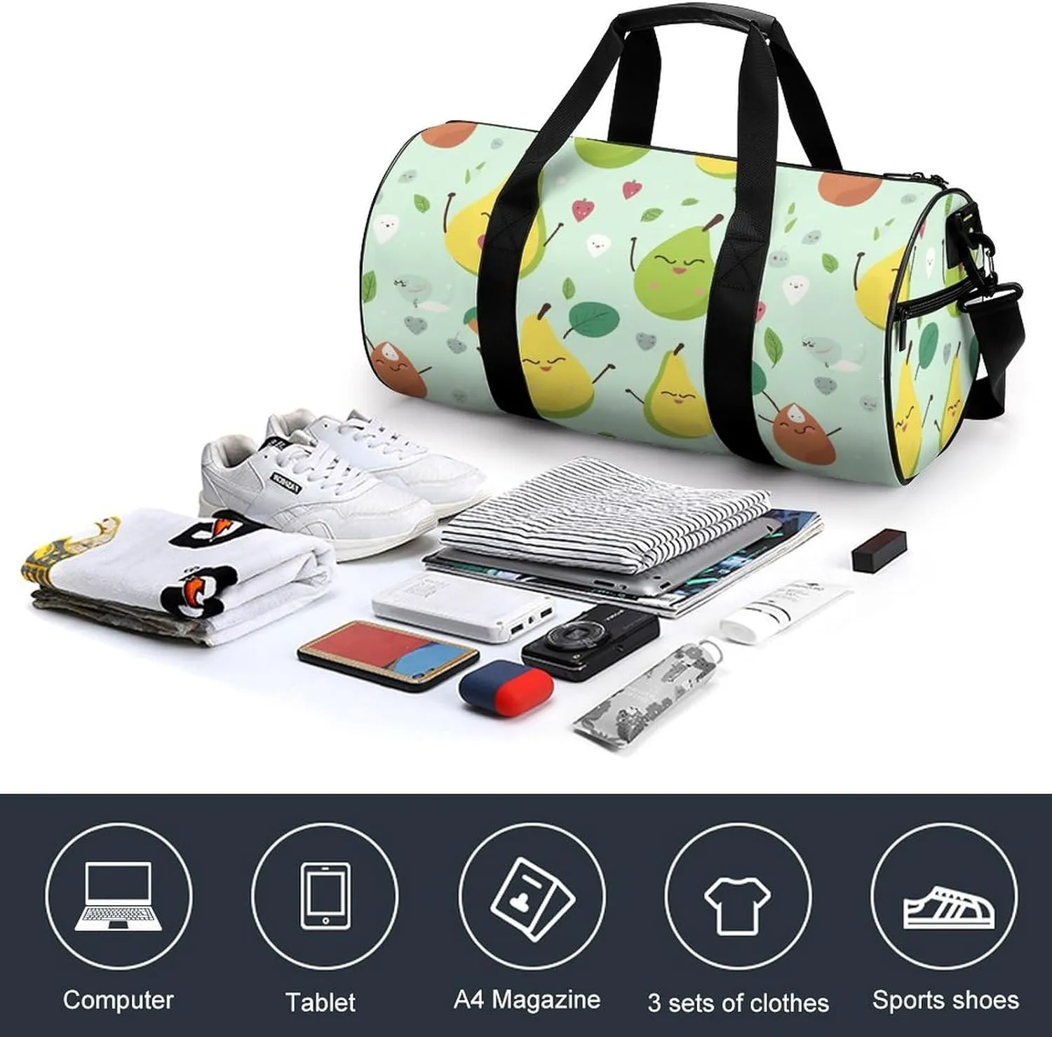 Gym Bag Cartoon Pears Duffel Bag for Men Women Overnight Bag with Shoe Compartment Workout Bags